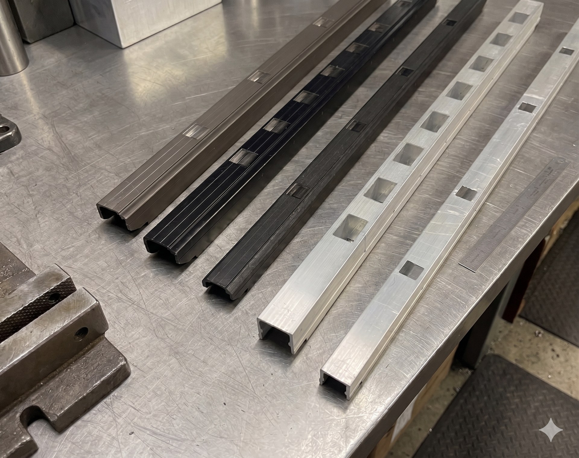 Aluminum fence rails pierced and notched by the Innovo SPR150, laid out on the shop bench